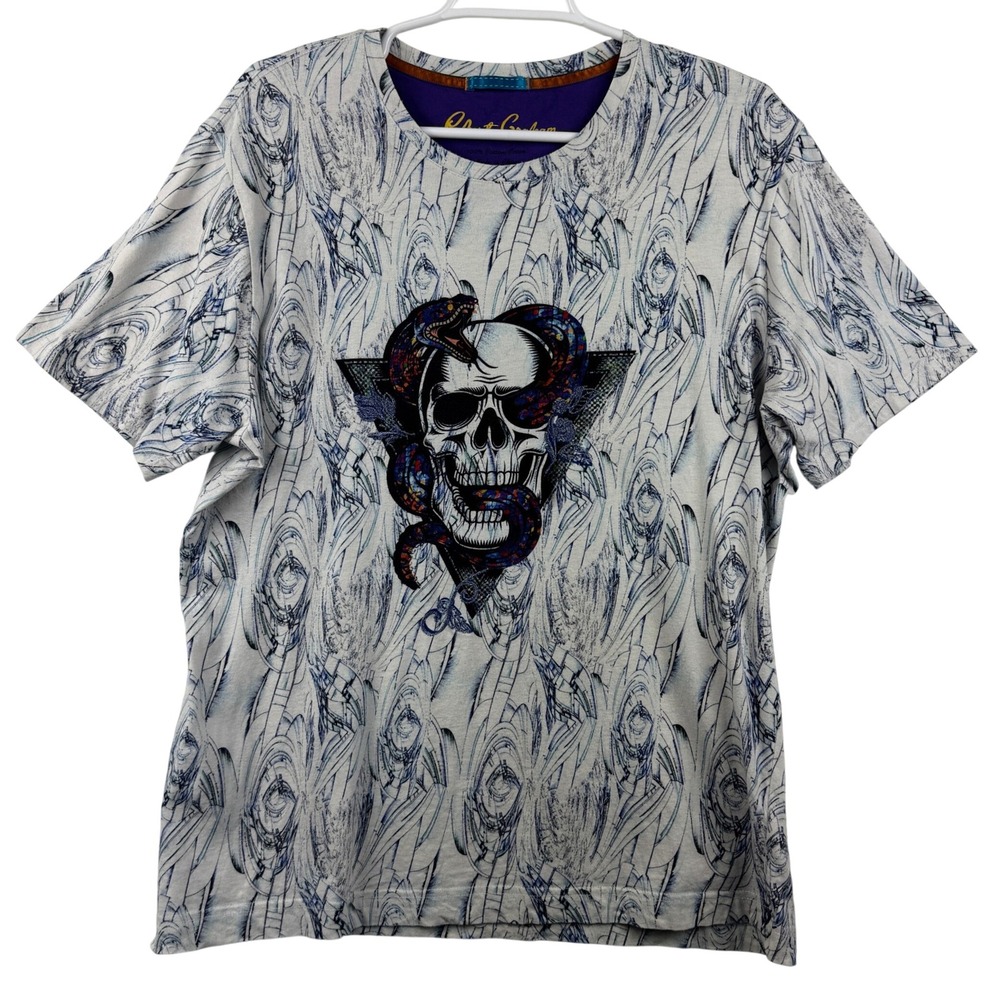 Robert Graham Mens Skull Snake Graphic T-Shirt Blue White Abstract Print Large